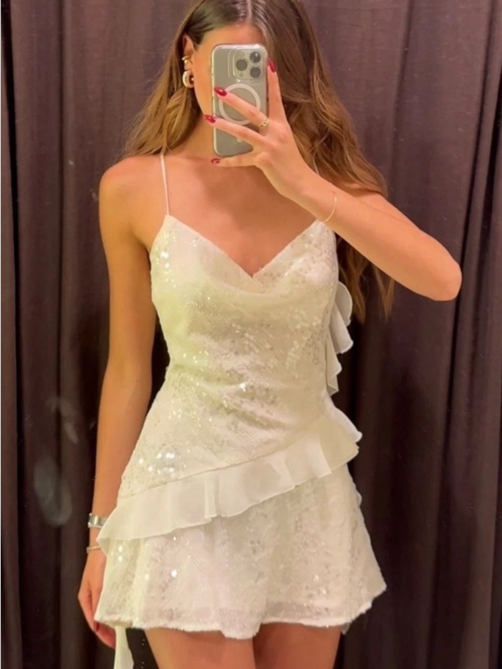 Zara White Sequin Ruffle Slip Mini Dress